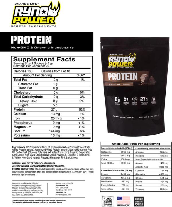 Nutritional values and ingredients Ryno Power Chocolate Protein Powder (Chocolate, 907.18 g)