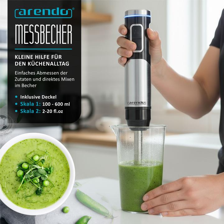 Produktbild Arendo Stabmixer Edelstahl, stufenlose Regelung, Akku, 200 W, mit Schneebesen, Messbecher, 4-Klingen-Messer