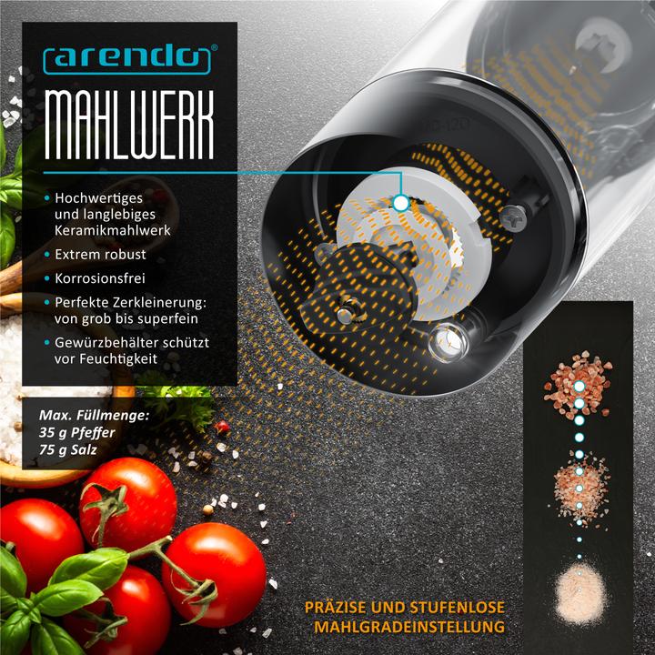 Produktbild Arendo Salz- und Pfeffermühle 2er Set, Elektrische Salzmühle & Pfeffermühle, stufenlos einstellbar, Akku (Pfeffer, Salz)