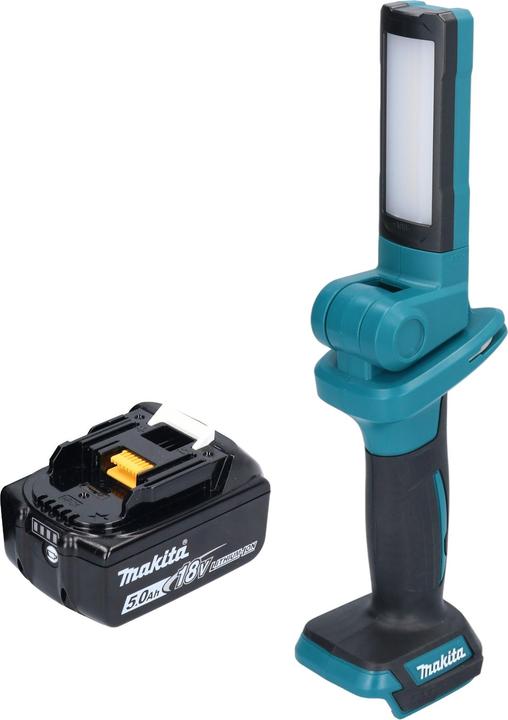 1x Makita DML 816 Akku LED Arbeitsleuchte, 1x Schultergurt mit Haken, 1x Makita BL 1850 B 18 V 5,0 Ah Akku, ohne Ladegerät