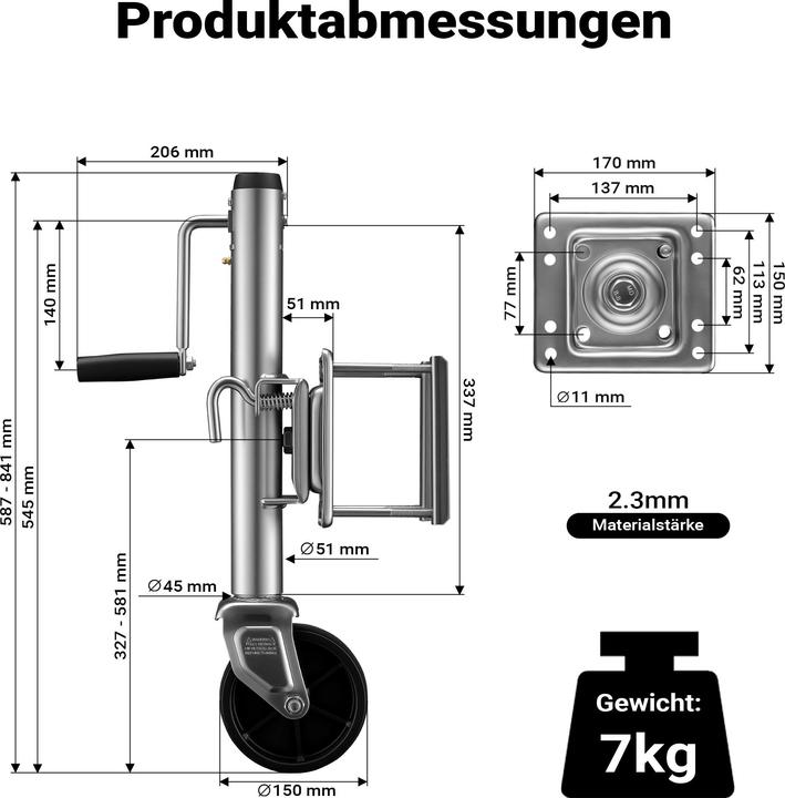 Produktbild Wiltec Anhänger Stützrad bis 450kg Schwerlast Anhängerstütze Bugrad Wohnwagen