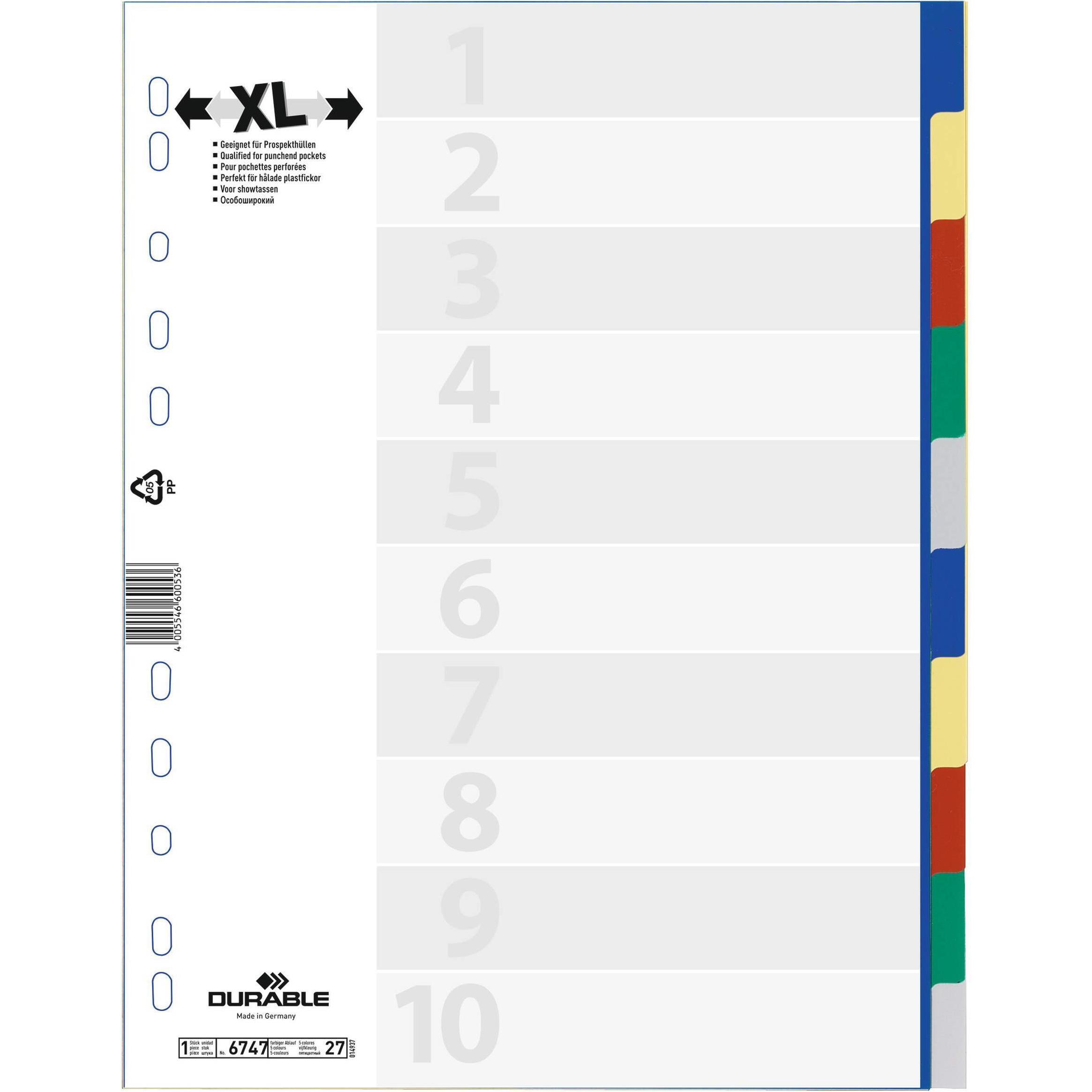 Durable, Ordner Zubehör, Register A4+ 10-tlg. mit farbigen Taben und Deckblatt PP 20 ST 674727
