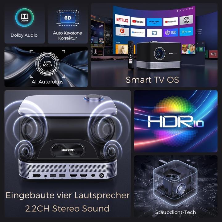 Produktbild Aurzen 4K Smart Beamer Boom 3 mit Netflix und Dolby Audio (4K, 500 lm)