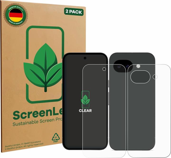 ScreenLeaf Schutzfolie für Google Pixel 10a (Display+Rückseite) nachhaltiger Displayschutz Display Schutz F (2 Stk., Google Pixel 10a)