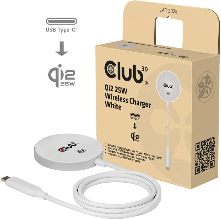 Produktbild Club 3D Club3D Ladegerät Qi2 USB Typ C 25W wireless weiss (25 W)