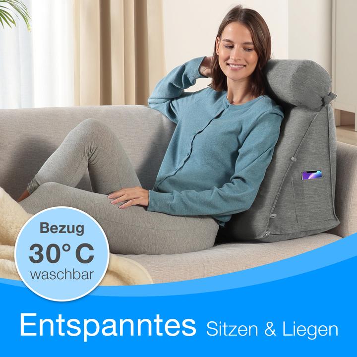 Produktbild Aktivshop Rückenkissen Bett/Sofa mit Abnehmbarer Nackenrolle und Seitentasche, Rückenstützkissen mit (55 x 50 x 30 cm)