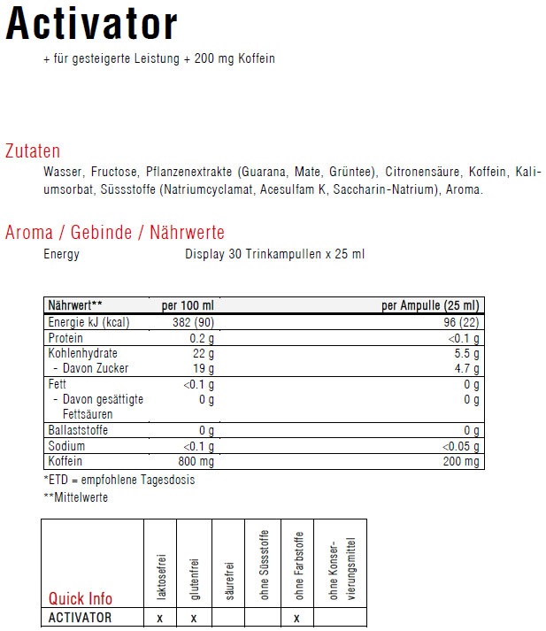 Valori nutrizionali e ingredienti Sponser Attivatore 200 (Multifrutto, 30 x)