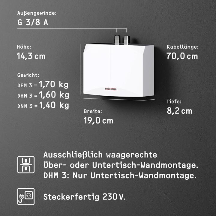 Produktbild Stiebel Eltron DEM 3 Elektronischer Mini Durchlauferhitzer nur fürs Handwaschbecken, 3,5 kW, mit Stecker, VDE