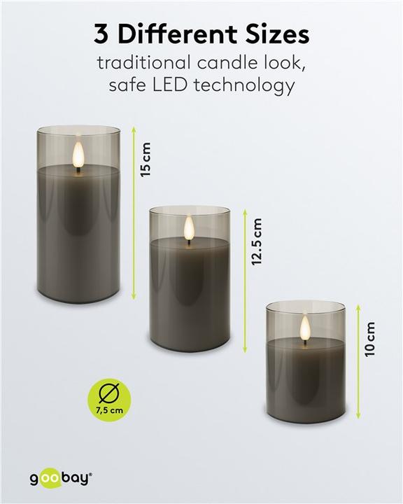 Actual product image Goobay 3er-Set LED-Echtwachs-Kerzen im Glas, grau-transparent (3 x)