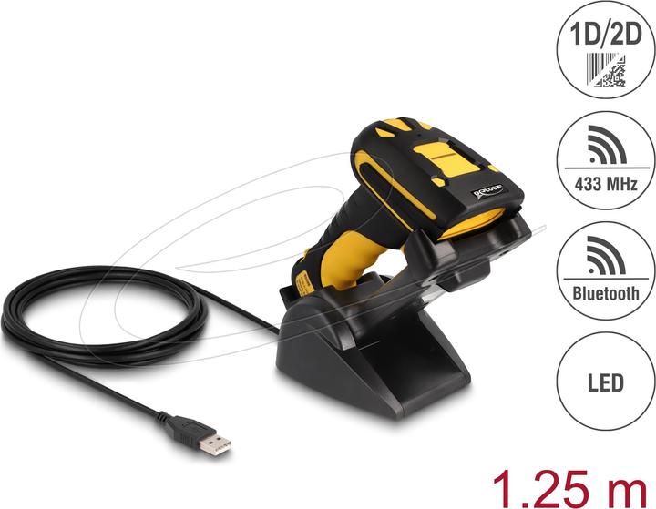 Immagine prodotto Delock Lettore di codici a barre industriali 1D e 2D per 433 MHz o Bluetooth con stazione di ricarica (Codici a barre 1D, Codici a barre 2D, Codice QR)