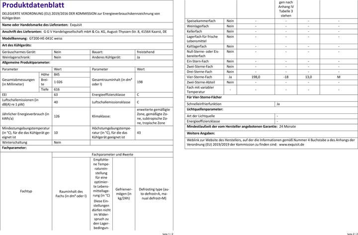 Produktbild Exquisit GT200-HE-040C weiss (Freistehend, 198 l)