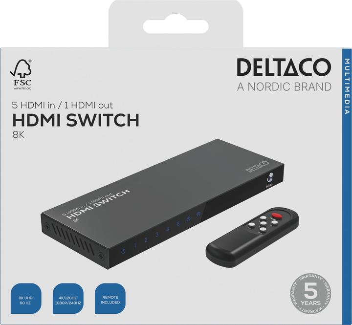 Produktbild Deltaco HDMI Switch, 5 inputs to 1 output, 8K 60Hz, w/remote