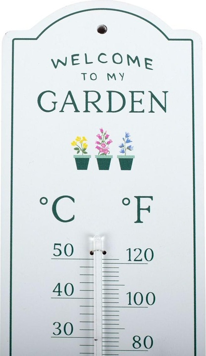 Actual product image Something Different Welcome To My Garden Metal Wall Thermometer