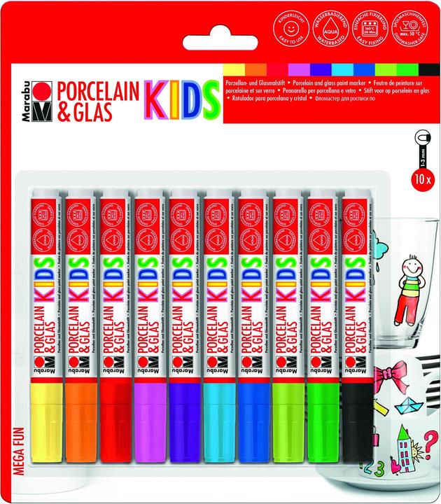 Marabu Porzellan- und Glasmalstift Kids (Orange, Gelb, Purpur, Violett, Grün, Blau, Rosa, Schwarz, Rot, Hellgrün, Türkis, 10 x)