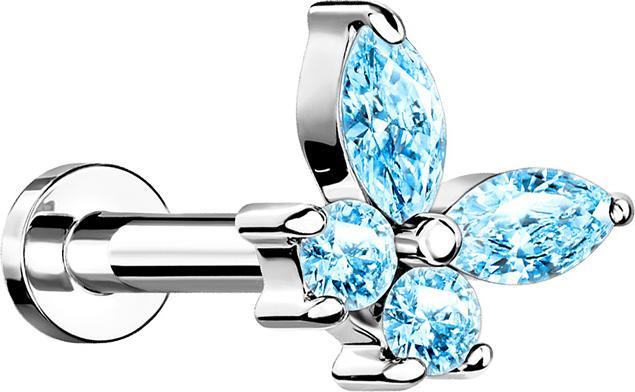 Produktbild Star Piercing Micro Labret Innengewinde silber Schmetterling mit Kristallen auqa (Messing, Chirurgenstahl 316L)