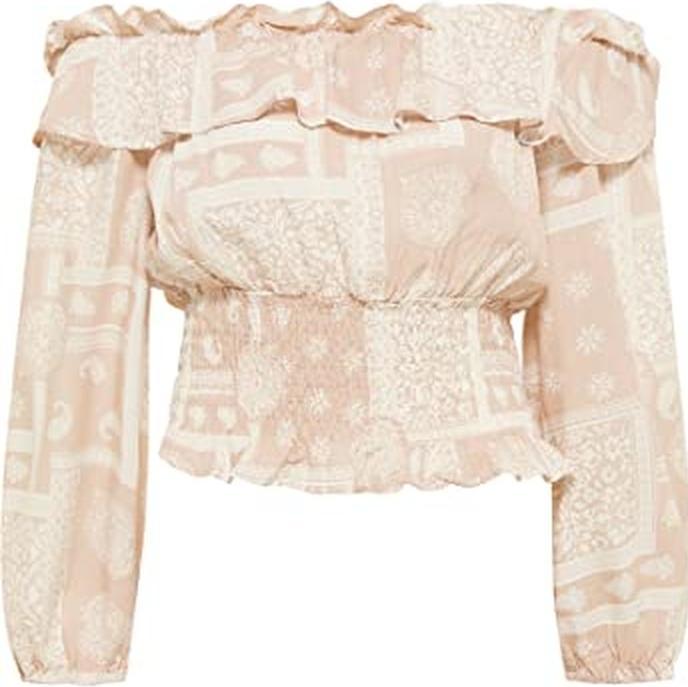 Actual product image Izia Carmenblouse with Ethnic Print, Soft Viscose, Smocked Hem, Neckline Ruffle, Elastic Cuffs (S)