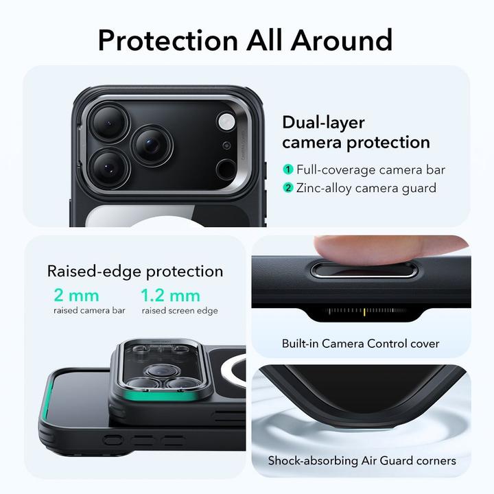 Actual product image ESR Classic Hybrid Magnetic Case (Camera Control, Stash Stand), for iPhone 17 Pro, Clear Black (Apple iPhone 17 Pro)