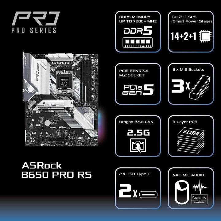 Productafbeelding AsRock MB B650 Pro RS AM5 HDMI/DP DDR5 (AM5, AMD B650, ATX)