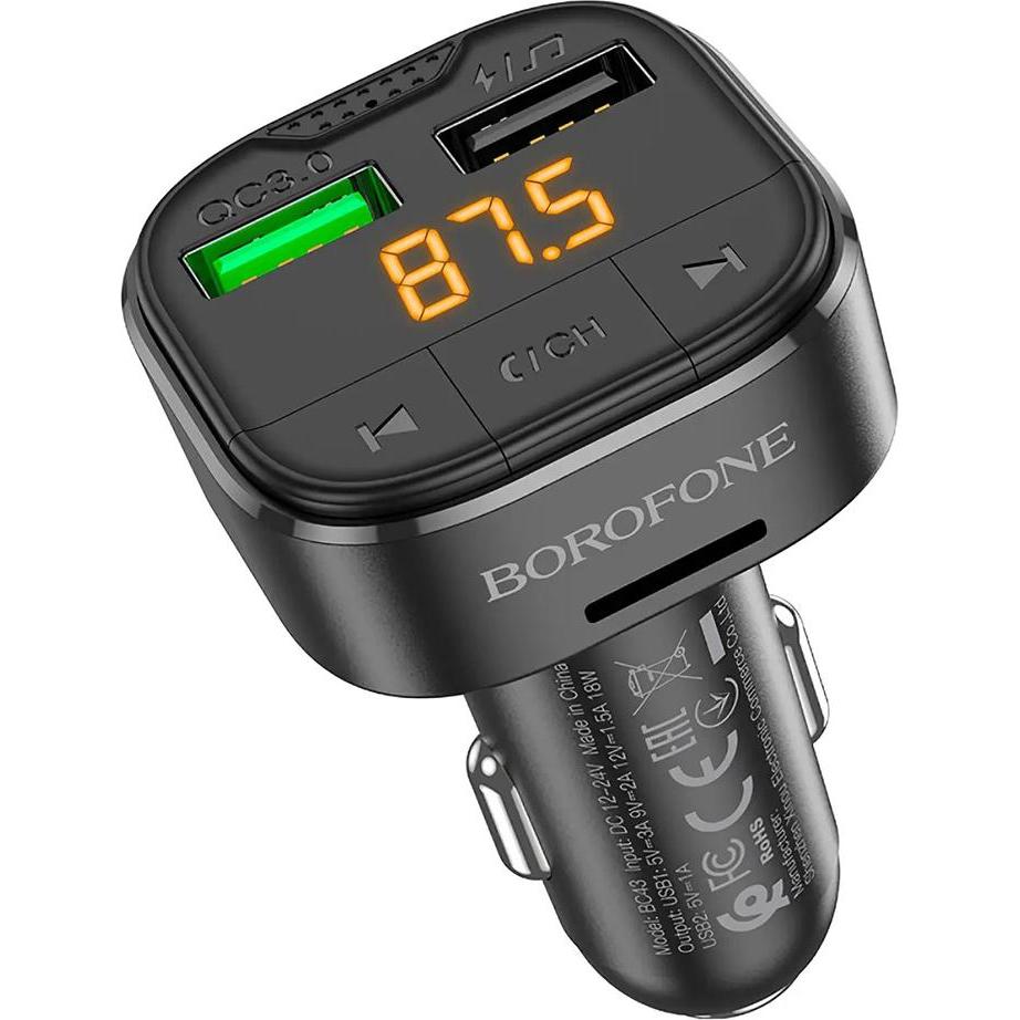 Borofone BT FM Transmitter and Car Charger BC43 Flash, 2 x USB-A - 1 x microSD, Black, Adattatore per auto, Nero