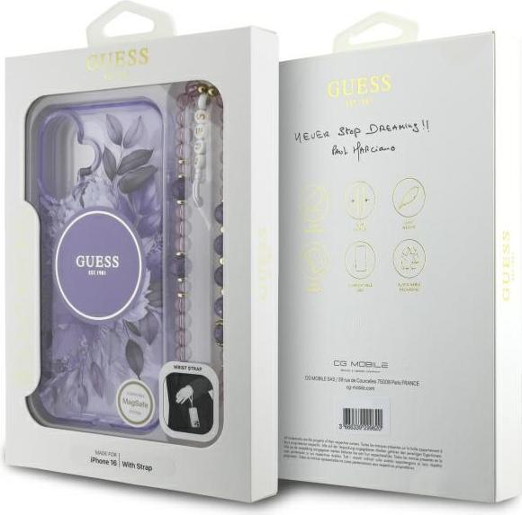 Actual product image Guess GUHMP16MHFWBRCESU iPhone 16 Plus 6.7" fioletowy/purple hardcase IML Flowers With Pearl Strap M (Apple iPhone 16 Plus)