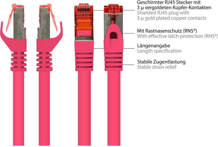 Produktbild Good Connections RNS® Patchkabel mit Rastnasenschutz, Cat. 6, S/FTP, PiMF, PVC, 250MHz, magenta, 30m (S/FTP, CAT6, 30 m)