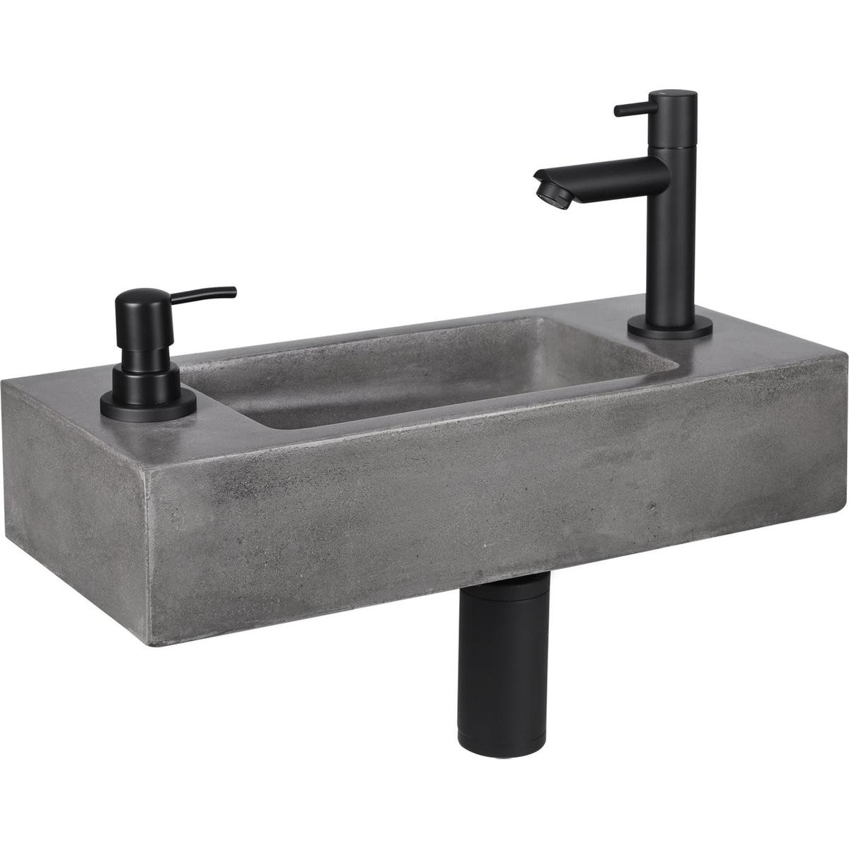 Differnz, Lavandino, Jax Fonteinset - Wasbak Beton - Donkergrijs - Rechte Kraan - Mat Zwart - Standaard Greep - 42 x 18,5 (185 mm, 420 mm)