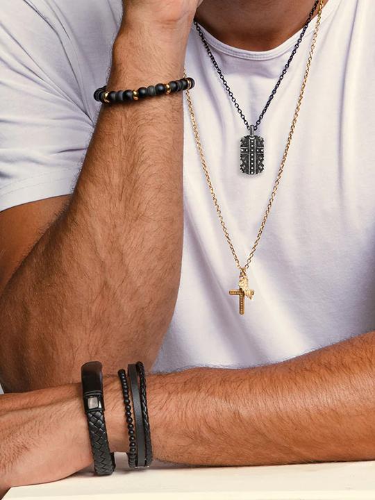 Image du produit Save Brave Bracelet SBB-TYLER-BK Hommes (18.50 cm, Acier inoxydable, Cuir, Pierres)