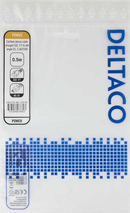 Produktbild Deltaco Device Cable, straight CEE 7/7 - left angle IEC C5, 0,5m (0.50 m)