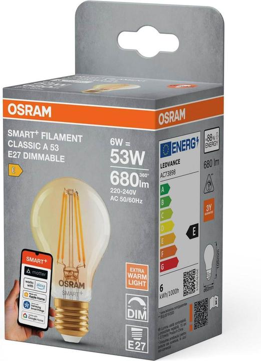 Produktbild Osram SMART+ MATTER Classic A53 6W 824 FILAMENT GOLD DIM E27 (E27, 680 lm, 1x)