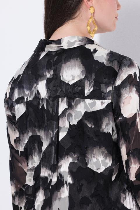 Immagine prodotto Ulla Popken Blusa dal taglio lungo in misto seta dévoré con collo da camicia e maniche lunghe (58, 60)