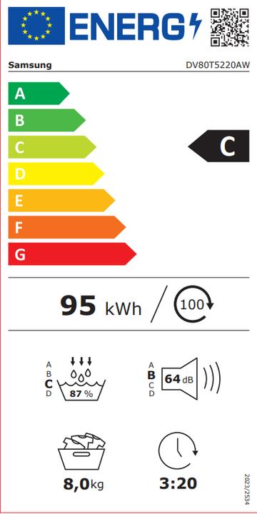 Energie-Label Samsung DV80T5220AW Freistehender Wäschetrockner Frontlader 8 kg A++ Weiss (8 kg)
