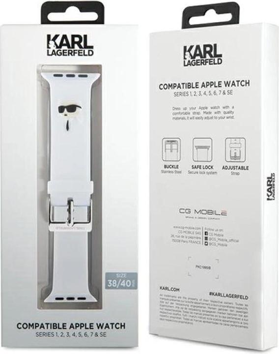 Immagine prodotto Karl Lagerfeld Pasek KLAWMSLKNH Apple Watch 38/40/41 mm cinturino bianco/bianco in gomma 3D Karl Head (Acciaio inossidabile, Silicone)