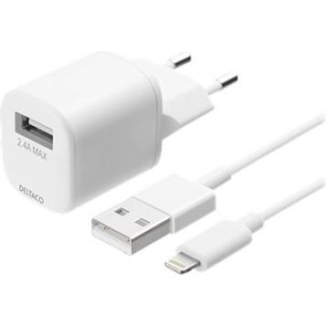 Deltaco USB wall charger, USB-A, 2.4 A, incl. 1 m with Lightning cable for Iphone USB-AC181, USB Ladegerät, Weiss