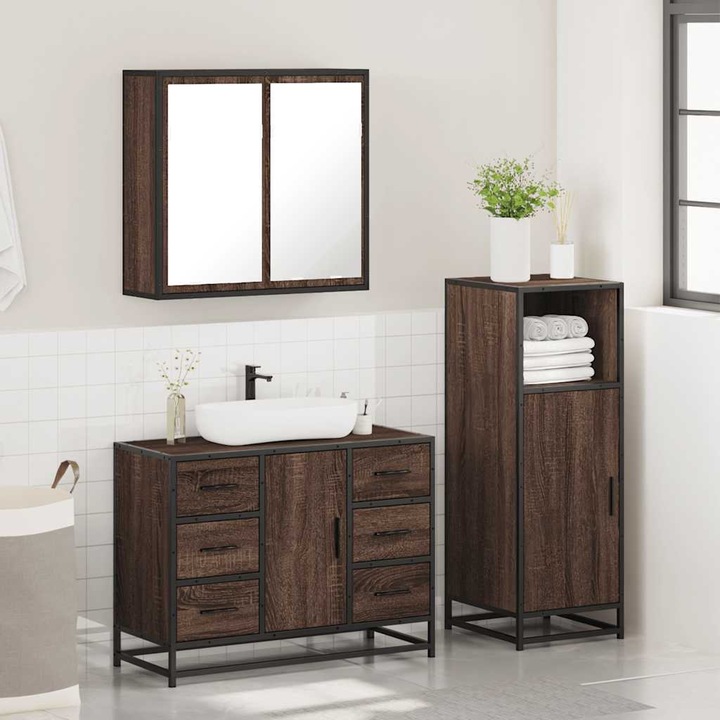 Image du produit VidaXL Ensemble de meubles de salle de bain 3 pièces en bois composite marron aspect chêne Ensemble de
