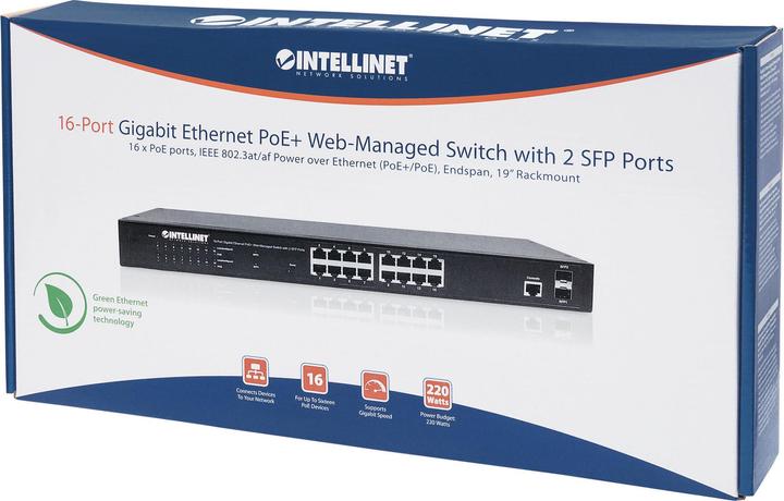Actual product image Intellinet 16 Port Gigabit PoE+ Switch Web-Managed with 2 SFP Ports IEEE 802.3at/af Power over Ethernet (16 Ports)