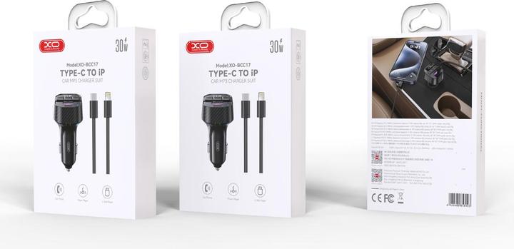 Actual product image xO transmitter FM BCC17 Bluetooth MP3 car charger 30W black + cable USB-C - USB-C