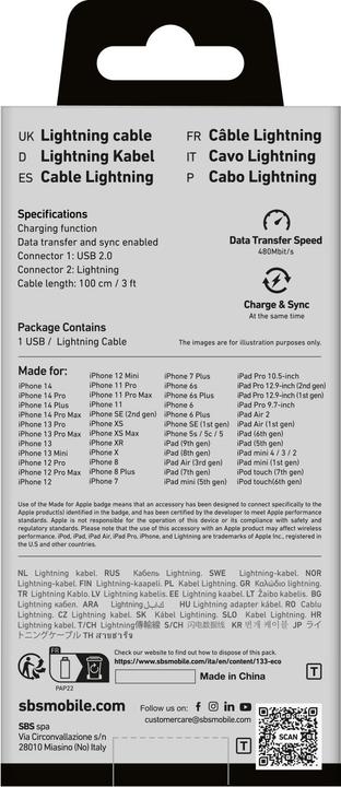 Immagine prodotto SBS Cavo dati e di ricarica USB Lightning (1 m, USB 2.0, 15 W)