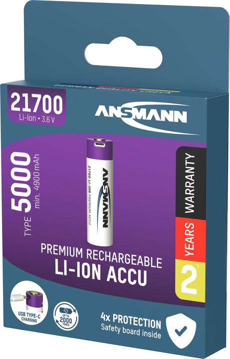 Immagine prodotto Ansmann Li-Ion Akku 21700 5000 mAh mit USB Typ-C Ladebuchse Mignon (AA)-Akku Li- (1 pz., AA, 5000 mAh)