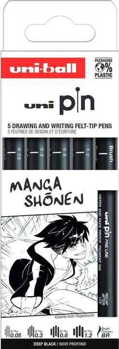 Actual product image Uni-ball Fineliner PIN ""Manga Shonen"" PF, set of 5 water-resistant, pigmented ink, metal edging (Black, 5 x)