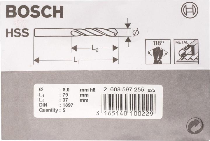 Produktbild Bosch Professional Zubehör Karosseriebohrer HSS-R, DIN 1897, 8 x 37 x 79 mm, 5er-Pack (8 mm)