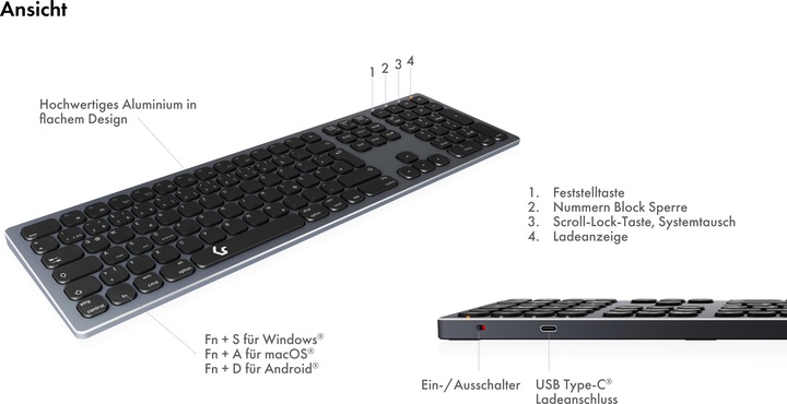 Actual product image KeySonic Full-Size Aluminum Keyboard, Bluetooth® & RF, for Win & macOS (DE, Wireless)