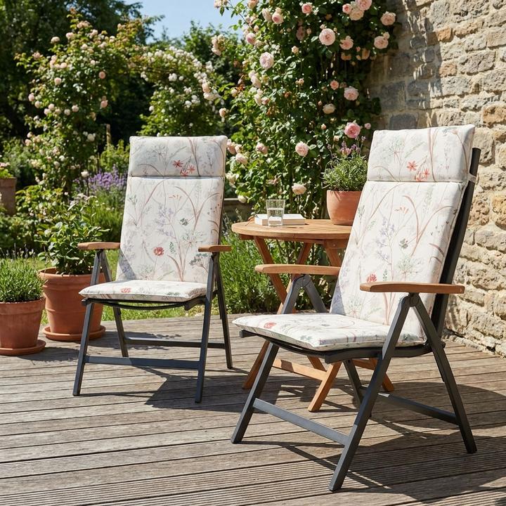Produktbild Natura Punto 2er-Set Hochlehner-Auflage, Gartenstuhlkissen wasserabweisend, Blumenmuster weiss 120x50cm (120 x 50 cm)