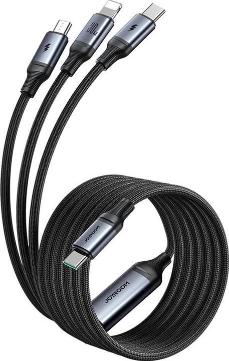 Actual product image Joyroom SA21-1T3 Speedy Series 30W 3-in-1 Fast Charging Cable (Type-C to L+C+M) 1.2m-Black (1.20 m, 30 W)