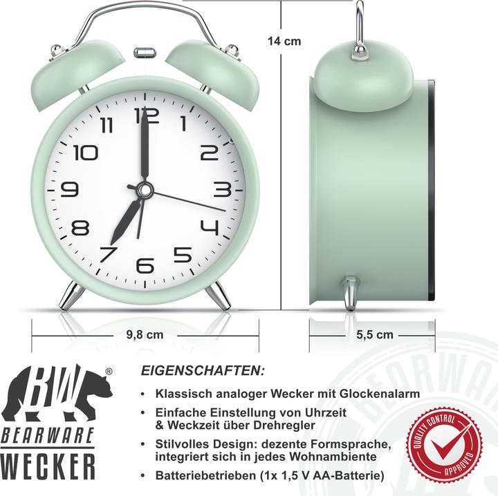 Produktbild Bearware Wecker analog, mit Licht, rund, Retro, lauter Glockenalarm, Beleuchtet, ohne Ticken, Vintage