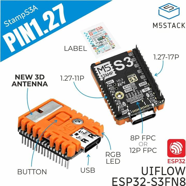 Image du produit M5Stack M5StampS3A Modul mit 1.27 Header Pin