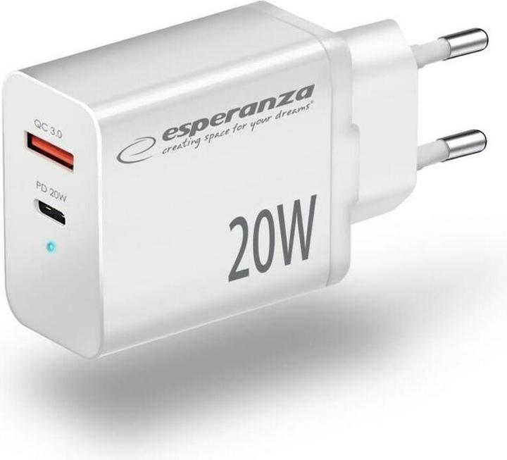 Produktbild Esperanza Quich Power Charger 20W USB-C PD 20W / USB-A QC 3.0 18W Weiss (20 W, 2 Ports)