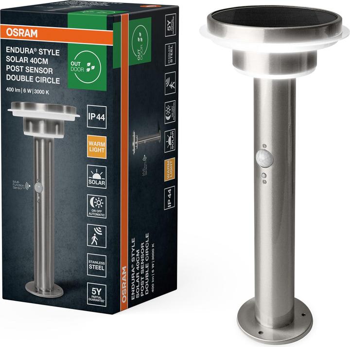Image du produit Osram ENDURA® STYLE SOLAR DOUBLE CIRCLE 40cm Post Sensor Double Circle 6W Acier inoxydable (400 lm, IP44)