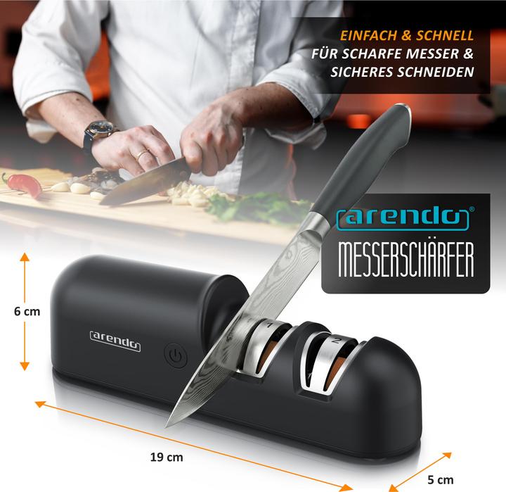Produktbild Arendo Messerschärfer elektrisch, Messerschleifer, 2-Stufen Grob- & Feinschliff, 1200 Ah Akku, USB-C laden