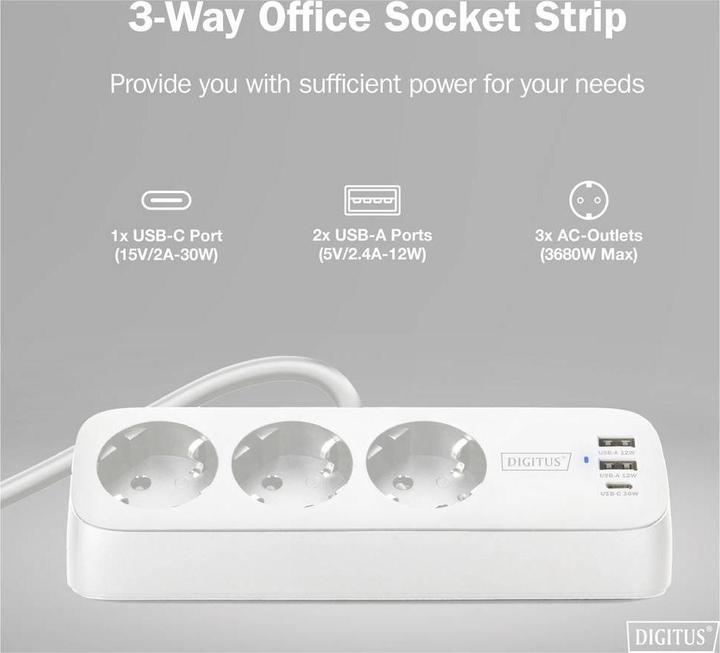 Productafbeelding Digitus 3-fach Office-Steckdosenleiste mit 2x USB-A und 1x USB-C Anschlüssen, Weiss (3x, CEE 7/3, USB-A, USB-C, 1.50 m)