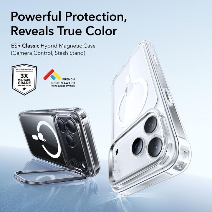 Actual product image ESR Classic Hybrid Magnetic Case (Camera Control, Stash Stand), for iPhone 17 Pro, Clear (Apple iPhone 17 Pro)